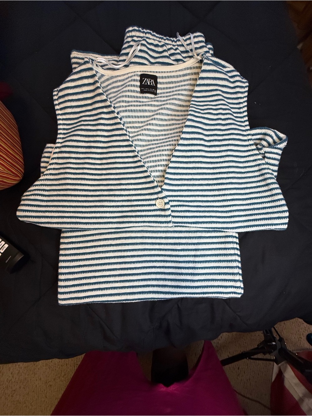 Zara Blue and White Striped Sleeveless Vest and Wide legged Pants.